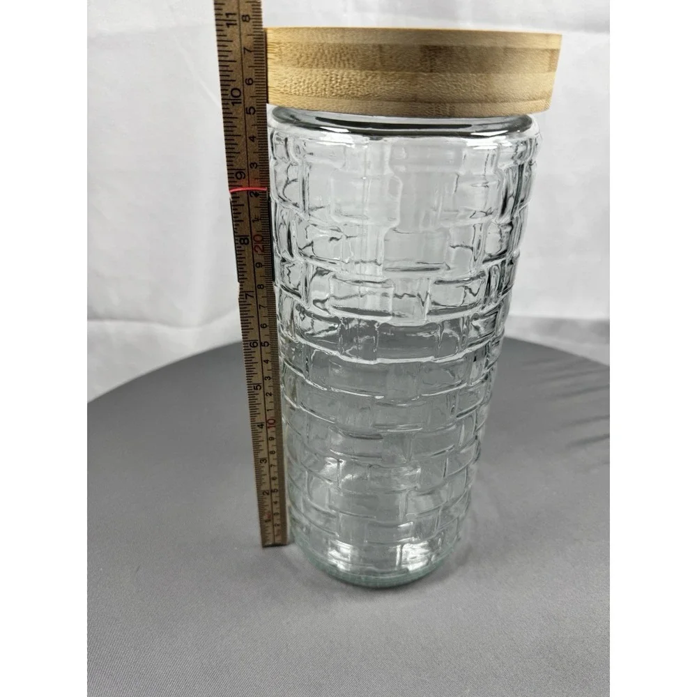 Glass Storage Canister Wood‎ Lid Tall Weaved Basket Pattern